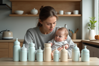 Maman avec bébé regardant des contenants de lait en cuisine