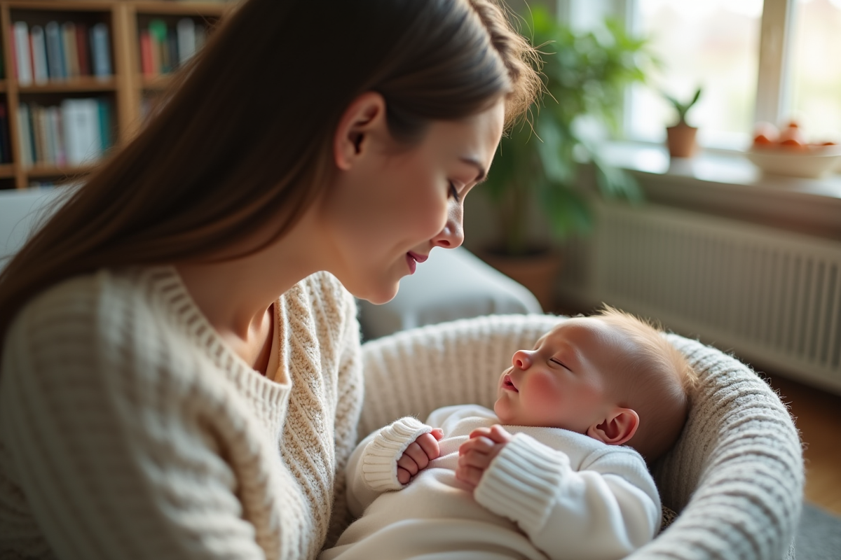 Maman regardant sa fille endormie dans un berceau confortable