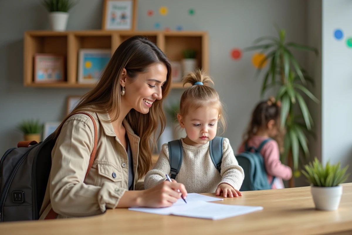 Maman et enfant lors de l'inscription en creche