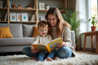 Femme et enfant lisant un livre ensemble dans un salon chaleureux