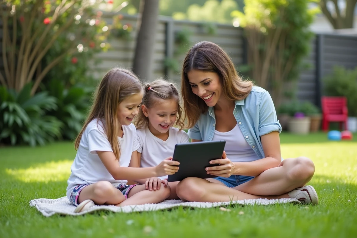 Mère et enfants jouant ensemble dans le jardin