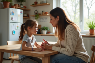 Maman et fille discutant à la cuisine chaleureuse