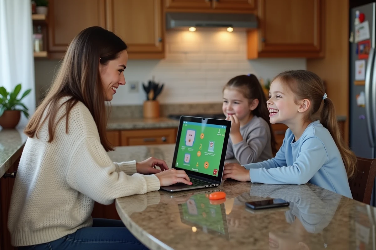Maman regardant ses enfants jouer dans la cuisine