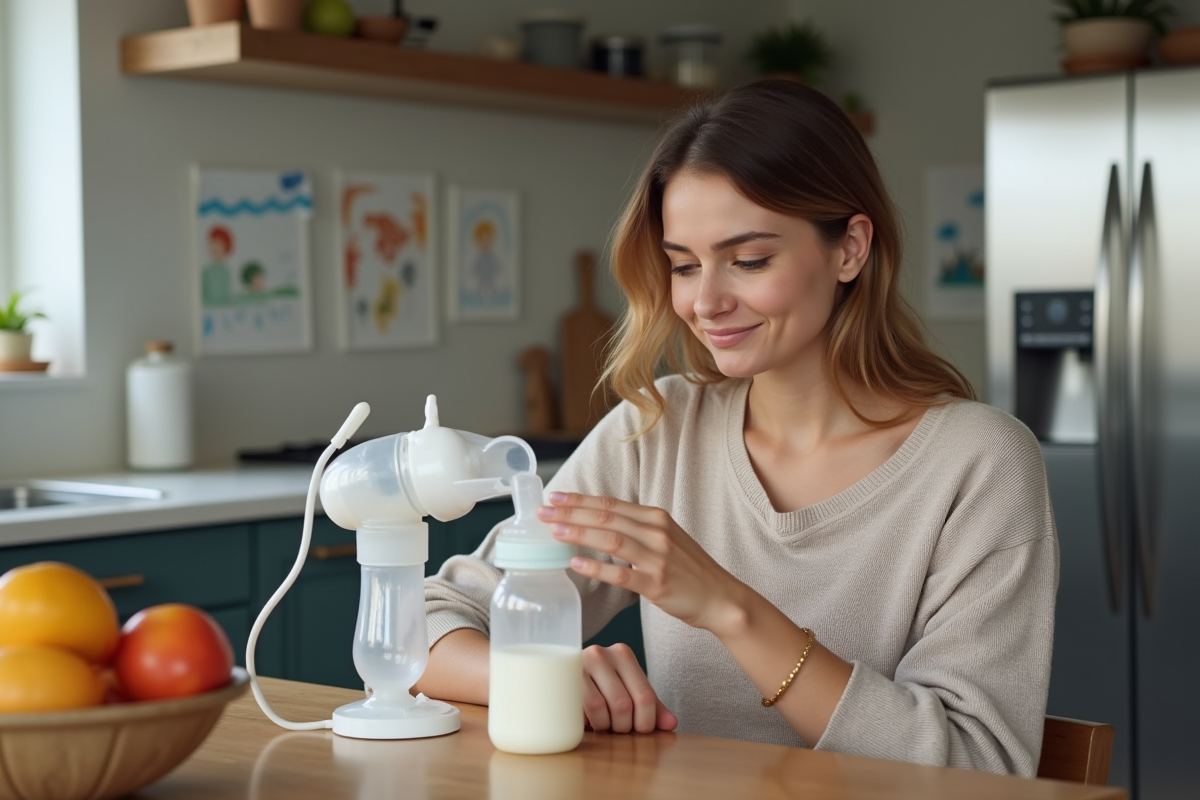 Jeune mère pompant son lait dans une cuisine moderne