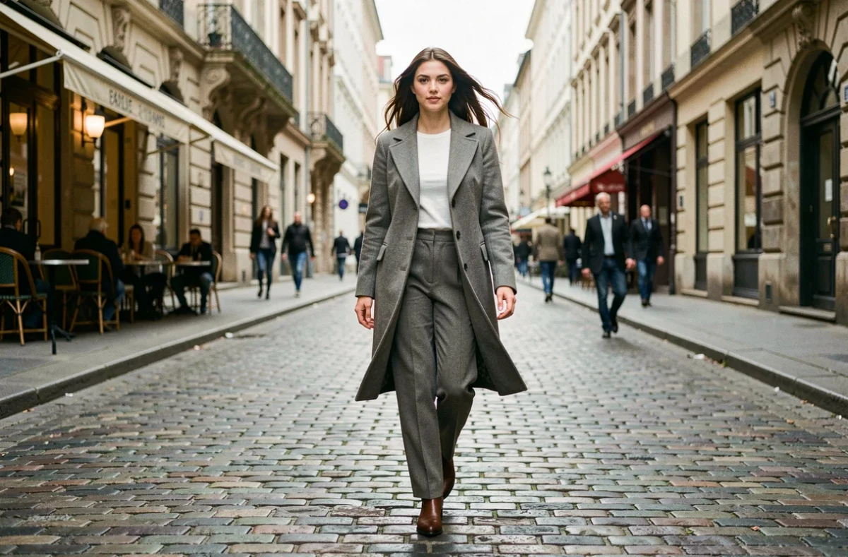 Jeune femme stylée marchant dans une rue pavée européenne, tenue mode élégante avec manteau structuré et cheveux au vent
