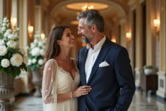 Couple élégant en tenue de mariage dans le hall d'un palace parisien au décor doré et marbre