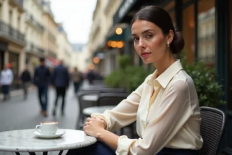 Marie de Villepin élégante en terrasse de café parisien, portrait éditorial 2026