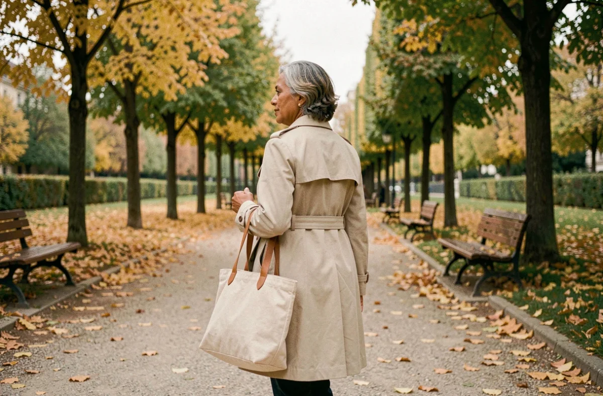 Femme se promenant dans un parc parisien en automne illustrant la vie quotidienne et familiale de Maryse Éwanjé-Épée