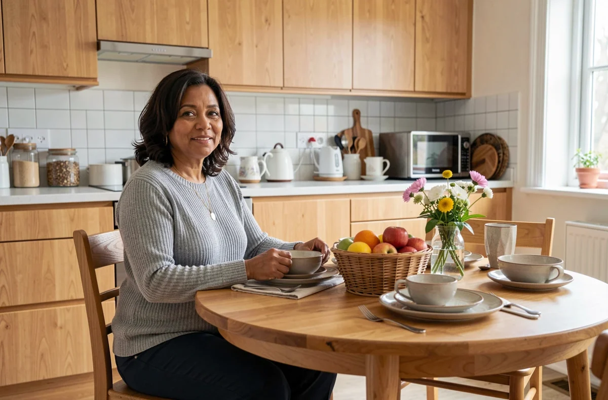 Femme assise à une table familiale dans une cuisine moderne évoquant la vie de famille de Maryse Éwanjé-Épée