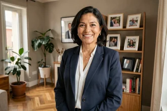 Portrait de Maryse Éwanjé-Épée dans un appartement parisien avec photos de famille en arrière-plan