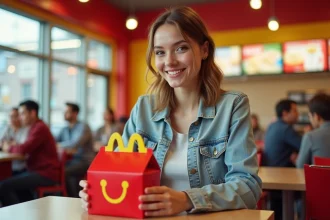 Jeune femme souriante tenant un Happy Meal McDonald's dans un restaurant moderne, illustrant le meilleur prix Happy Meal 2026