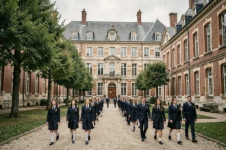 Cour d'une école privée du Nord avec des élèves en uniforme marchant entre des bâtiments en brique