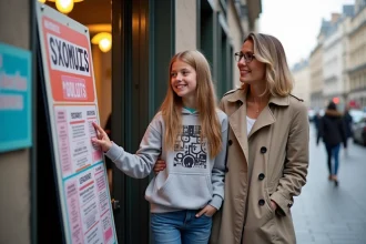 Mère et adolescente découvrant ensemble des activités pour ados à Paris devant un panneau d'affichage culturel