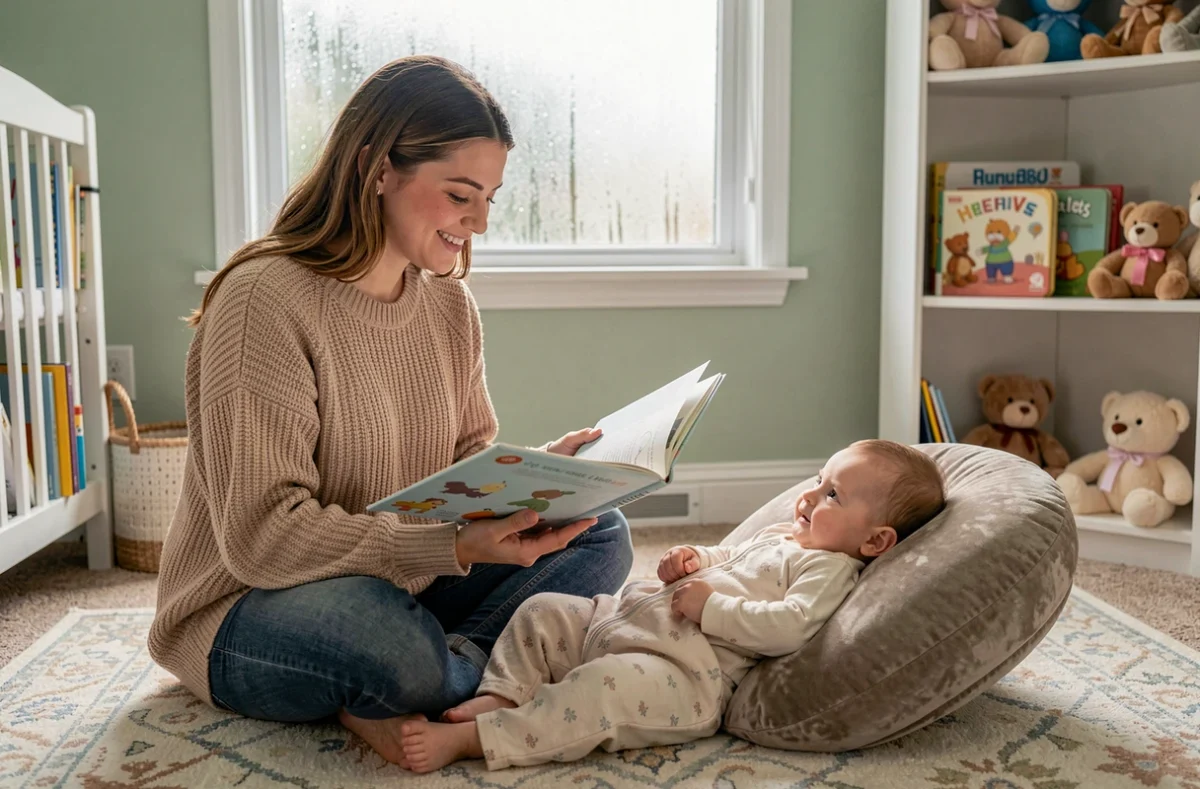 Mère lisant un livre sensoriel en tissu à son bébé de 7 mois dans une chambre de bébé par temps pluvieux