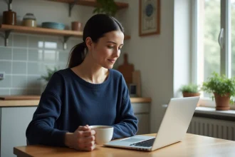Mère de famille utilisant le portail famille Meudon sur son ordinateur portable dans sa cuisine