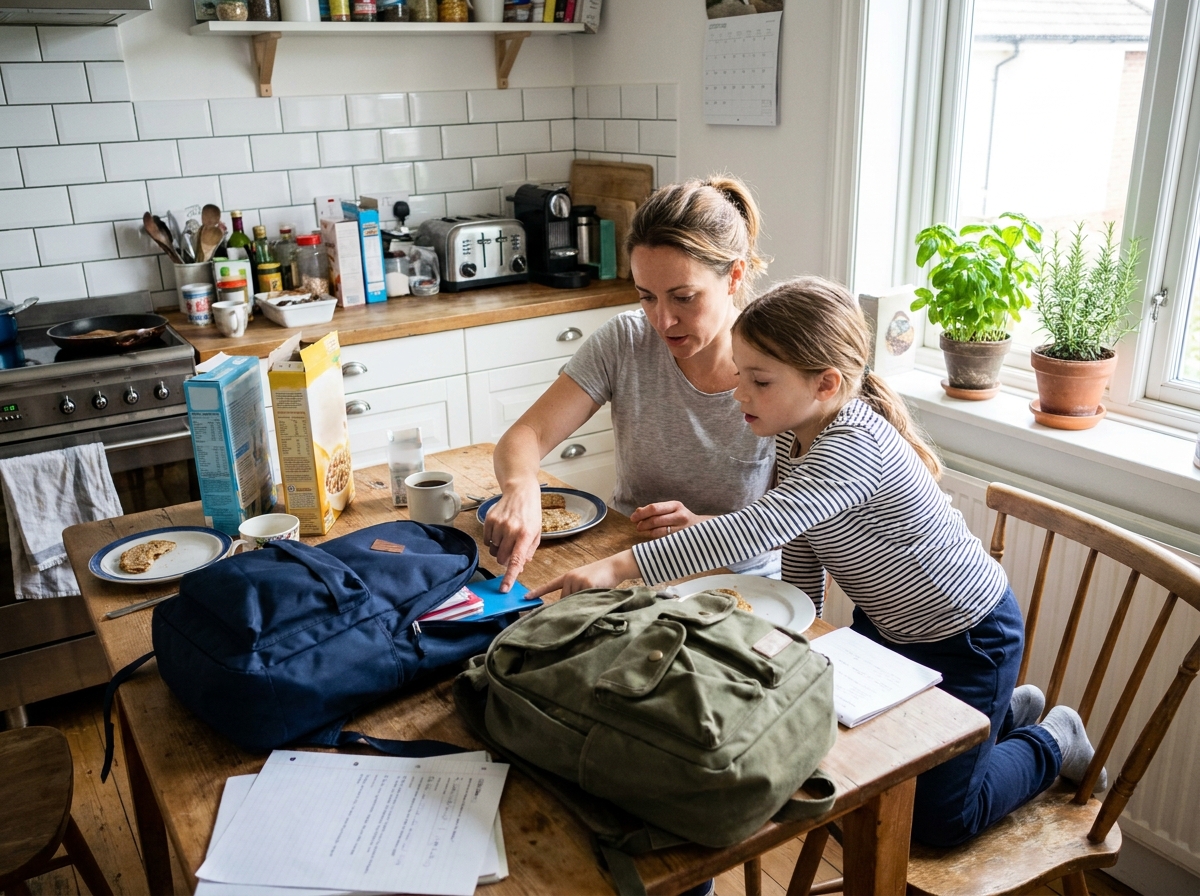 Mère et fille comparant deux cartables scolaires sur une table en bois dans une cuisine familiale