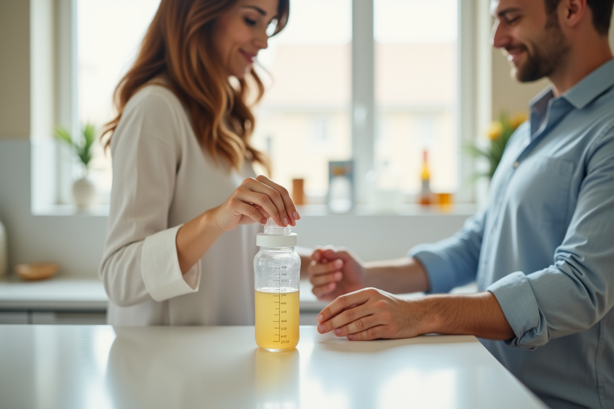 Maman mesurant 100 ml de liquide avec un biberon dans la cuisine