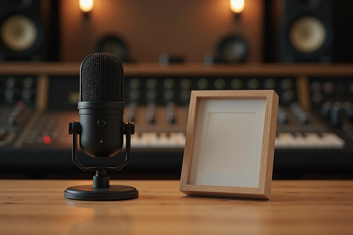 Microphone de studio et photo de famille posés sur une table en bois, symbole de la vie privée protégée d'un rappeur célèbre