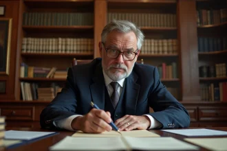 Notaire français en costume marine examinant un testament officiel dans son étude traditionnelle avec mobilier en bois et documents légaux