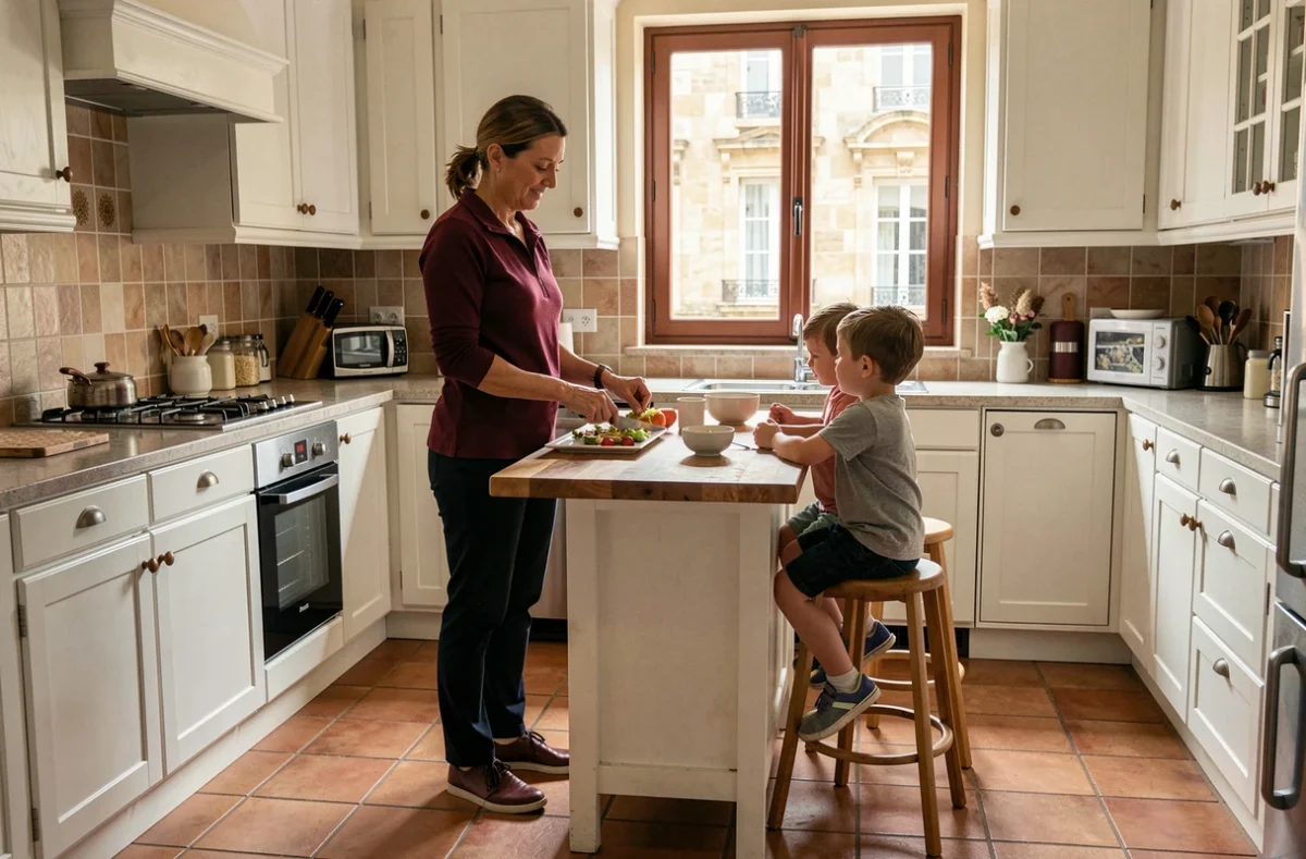Une nounou expérimentée de Nounou Top Bordeaux prépare un goûter pour des enfants dans une cuisine bordelaise traditionnelle