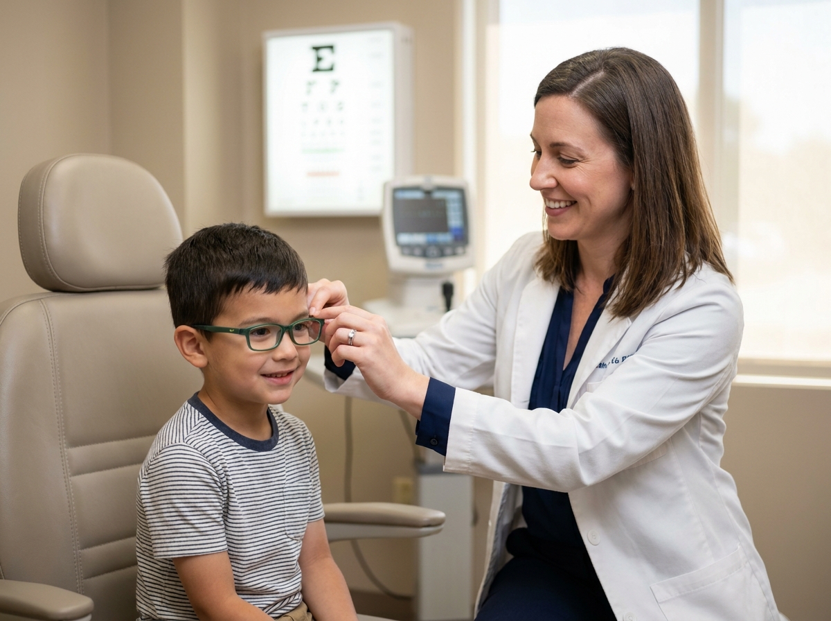 Opticienne ajustant des lunettes vertes sur un jeune garçon souriant lors d'un examen de vue dans une clinique optique à Brest
