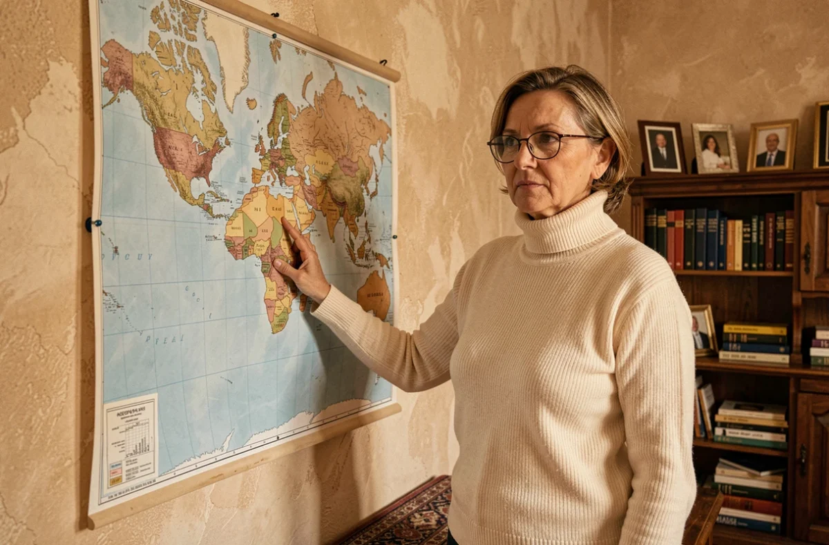 Femme aux origines méditerranéennes devant une carte du monde dans un bureau chaleureux évoquant l'héritage familial et culturel