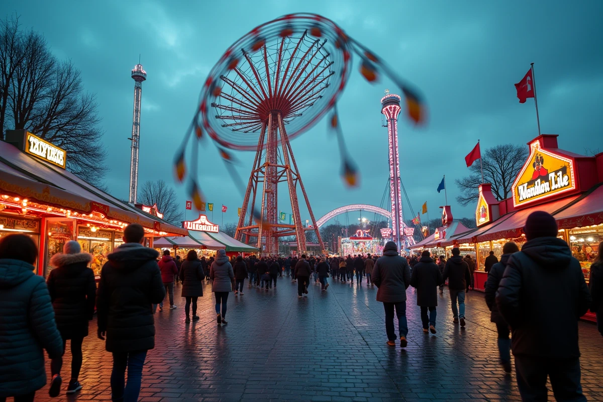 Vue panoramique de la Foire aux Manèges de Lille avec attractions géantes et foule en soirée