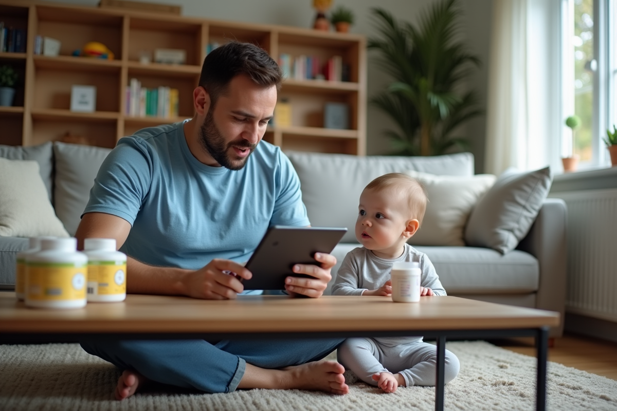 Papa lisant un tableau comparatif de lait avec bébé sur le tapis