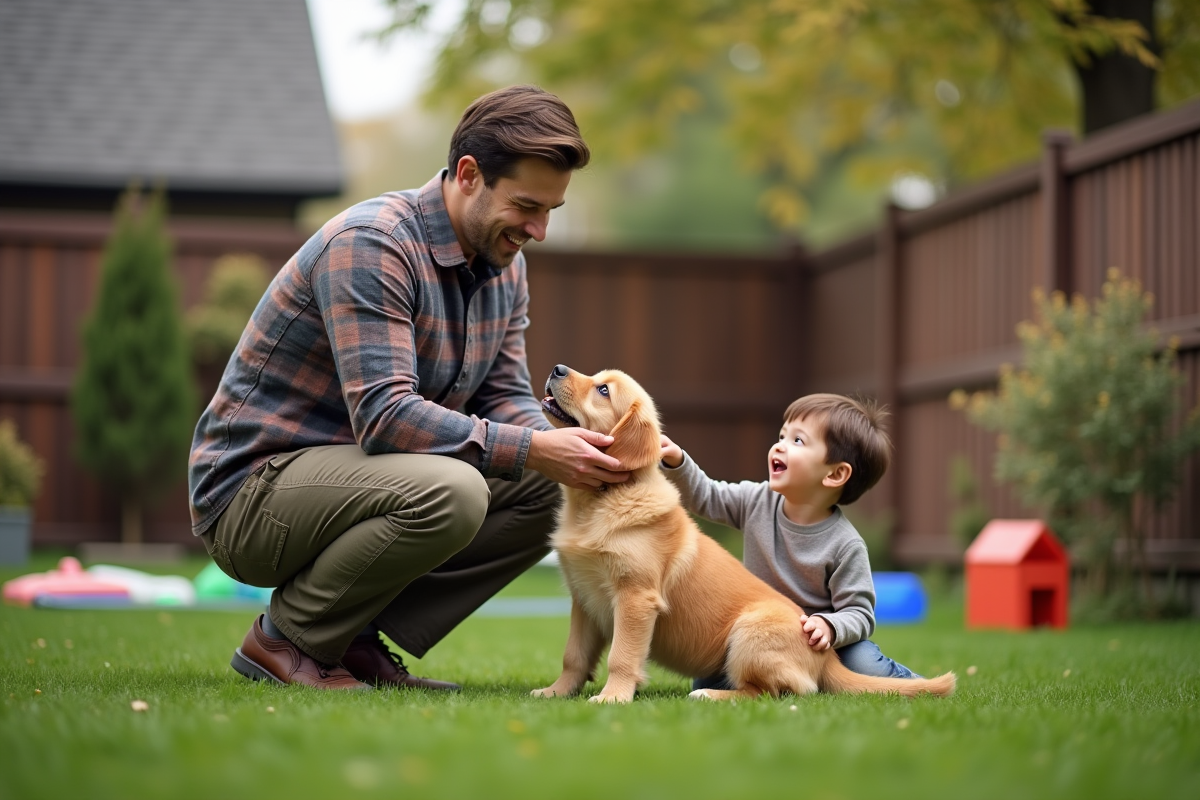 Père et fils nourrissant un chiot dans le jardin