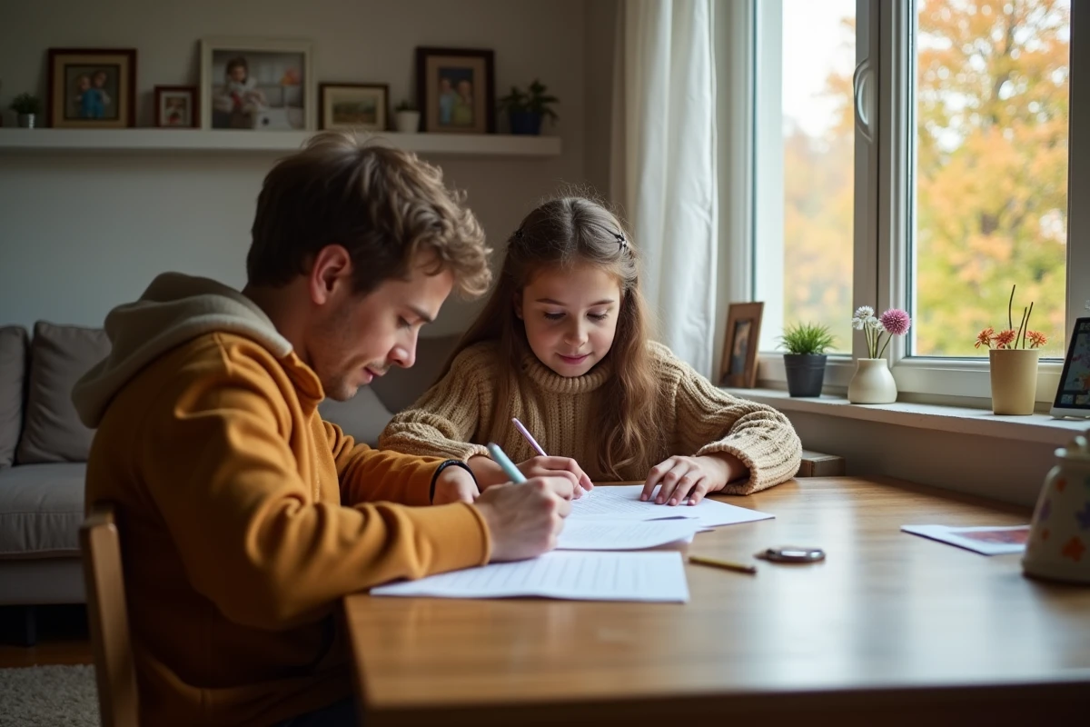 Père et fille remplissant un formulaire scolaire à la maison