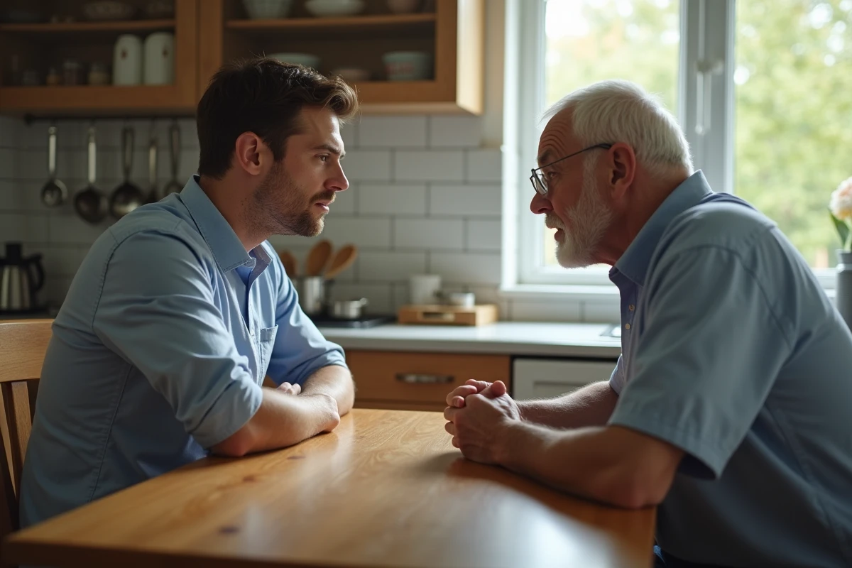 Jeune père et son père âgé discutant à la table de cuisine