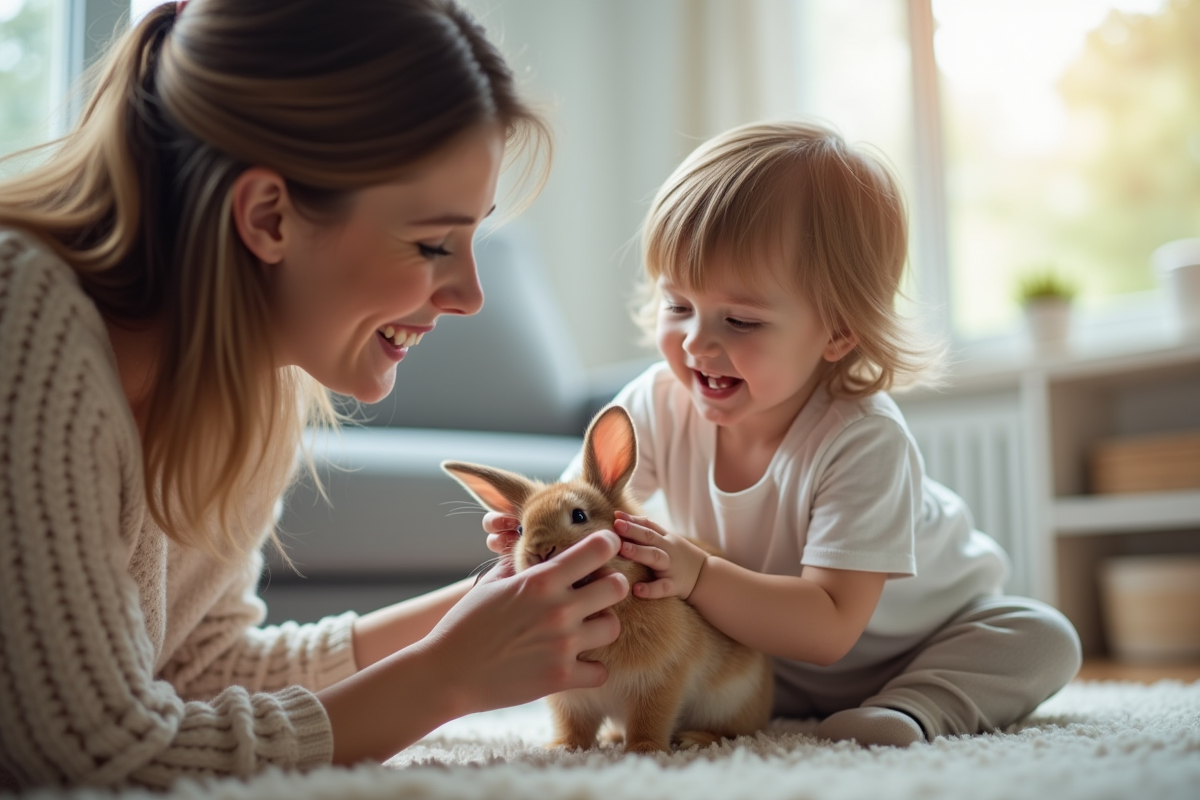 Parent et enfant souriants caressant un lapin dans le salon