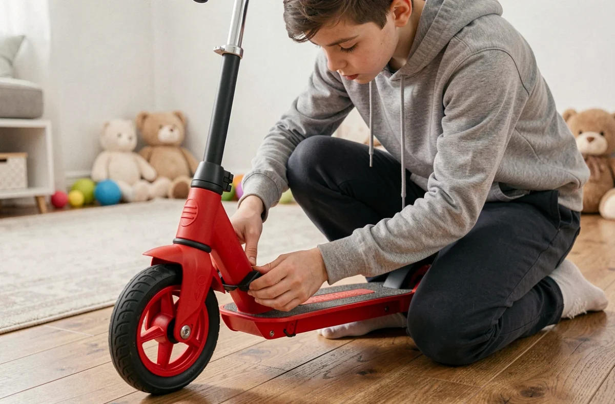 Parent inspectant les dispositifs de sécurité d'un scooter électrique bébé rouge dans un salon familial