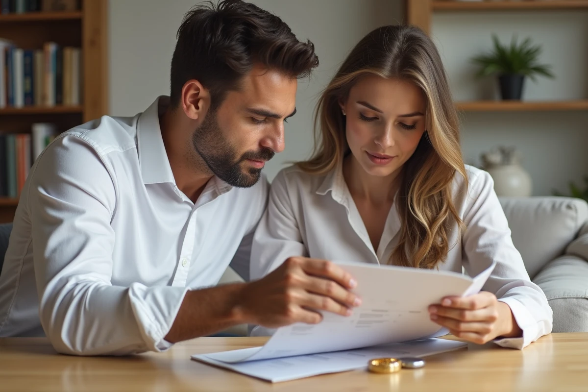 Couple de jeunes parents consultant un catalogue de cadeaux de baptême avec une gourmette posée sur la page