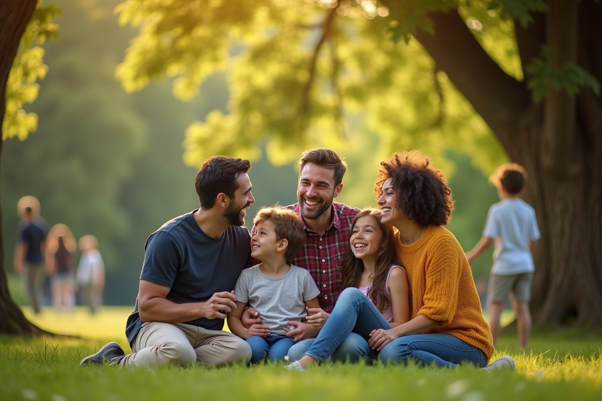Groupe de parents souriants dans un parc avec enfants jouant