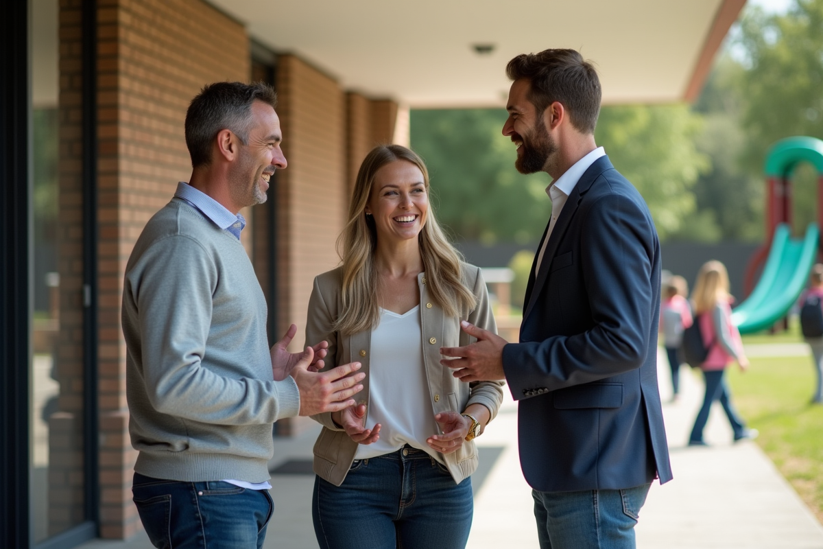 Parents et professeur devant l école en discussion amicale