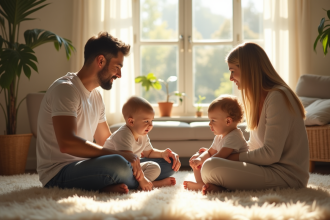 Parents assis en cercle dans un salon lumineux avec leur enfant