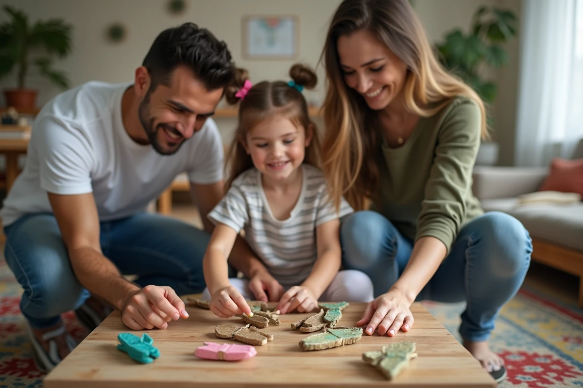 Parents aidant leur fille à fabriquer un jeu de pêche maison