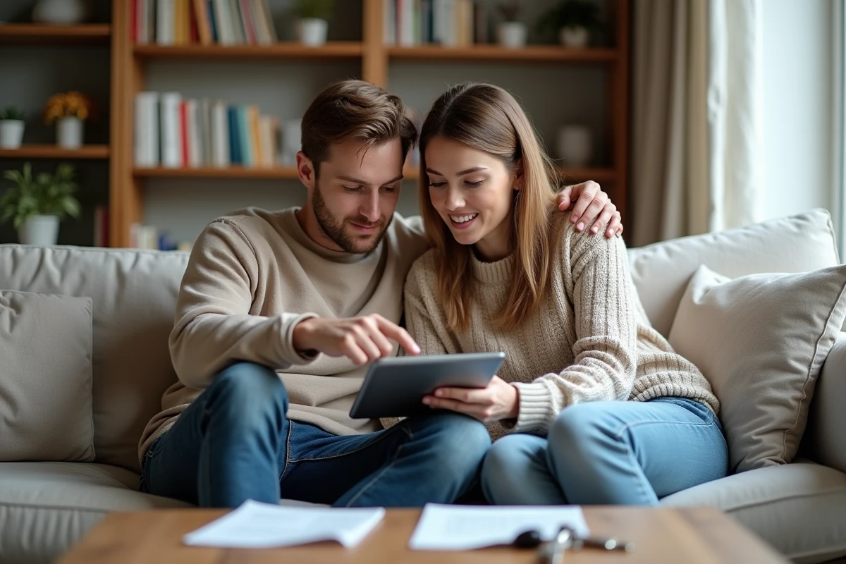 Couple de parents consultant ensemble le portail famille de Meudon sur une tablette dans leur salon