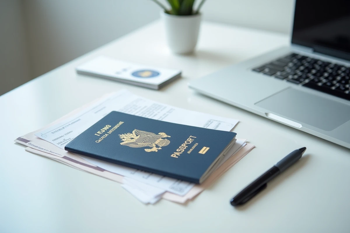 Passeport ouvert et documents officiels sur un bureau pour une demande de nom d'usage