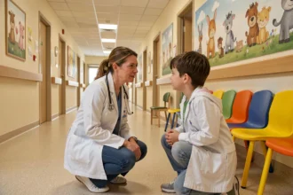 Pédiatre en Normandie accueillant un jeune patient dans un couloir d'hôpital coloré