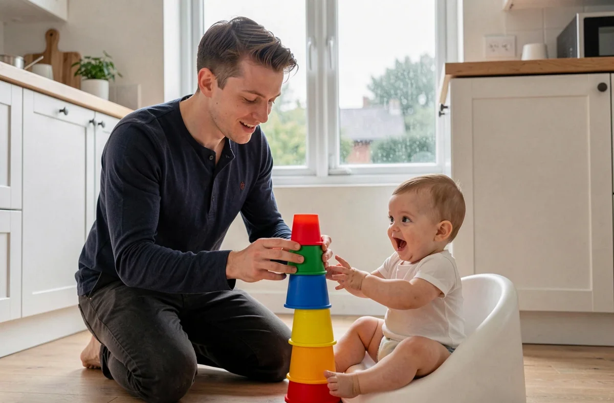 Père jouant avec des tasses d'empilage en silicone avec son bébé de 7 mois dans une cuisine moderne un jour de pluie