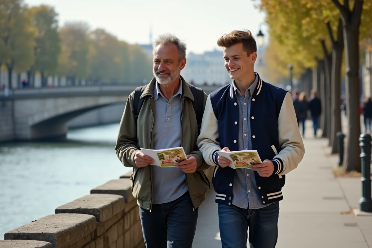 Père et fils adolescent se promenant au bord de la Seine à Paris en discutant des activités pour jeunes