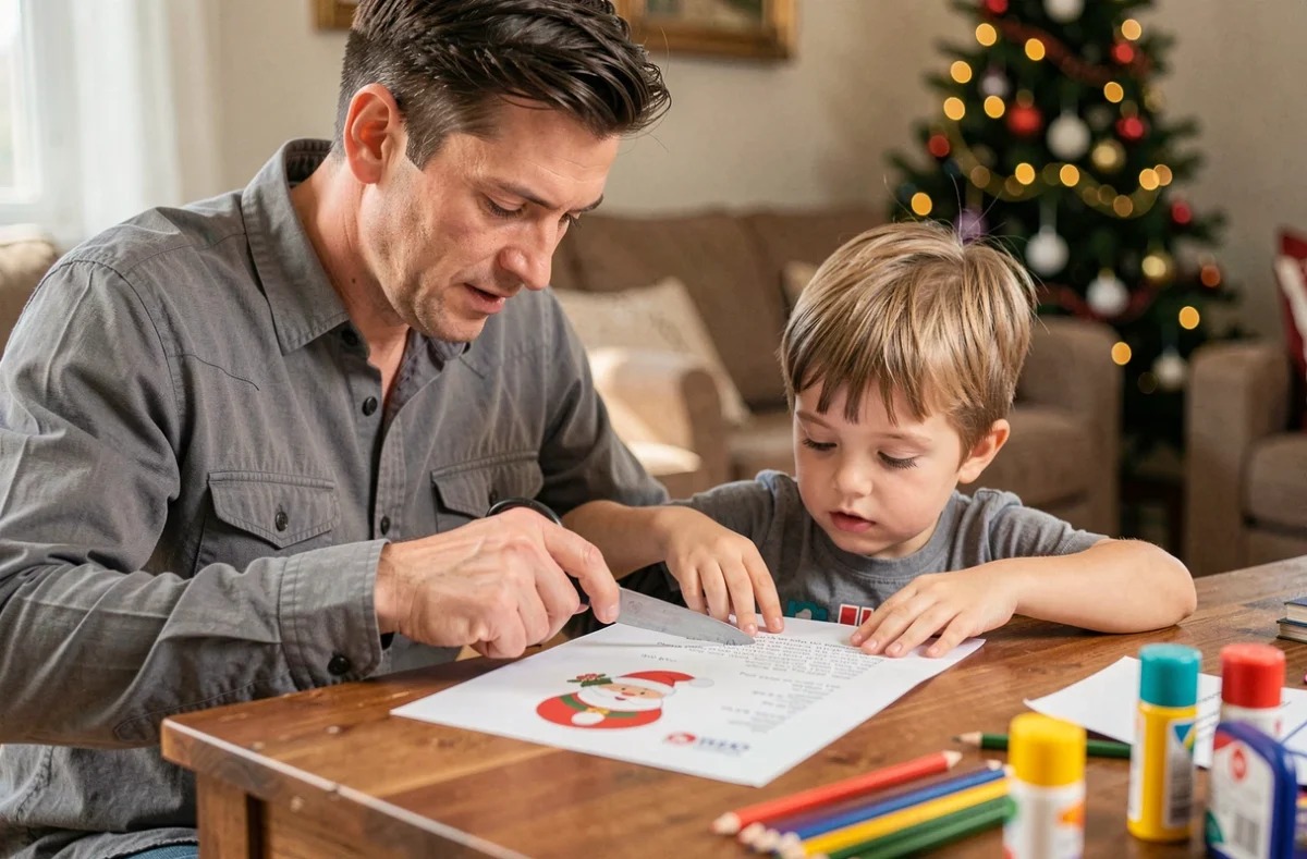 Père et fils découpant ensemble une lettre au père Noël imprimée dans un salon décoré pour Noël