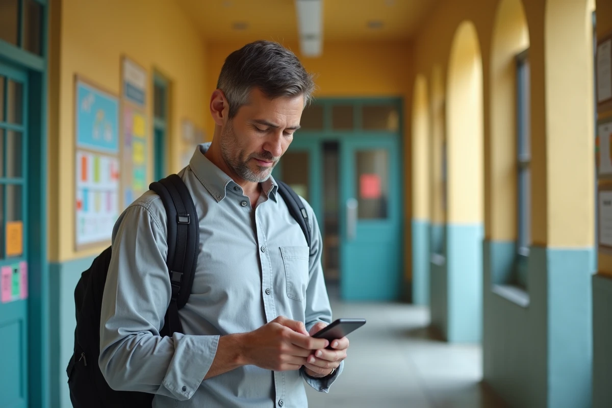 Père consultant le portail famille Meudon sur smartphone devant une école municipale