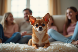 Chihuahua brillant assis sur un canapé en famille
