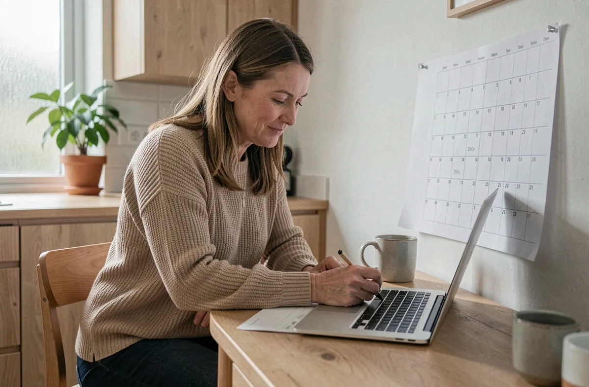 Femme organisant ses congés et jours fériés 2026-2027 sur un calendrier papier à la maison