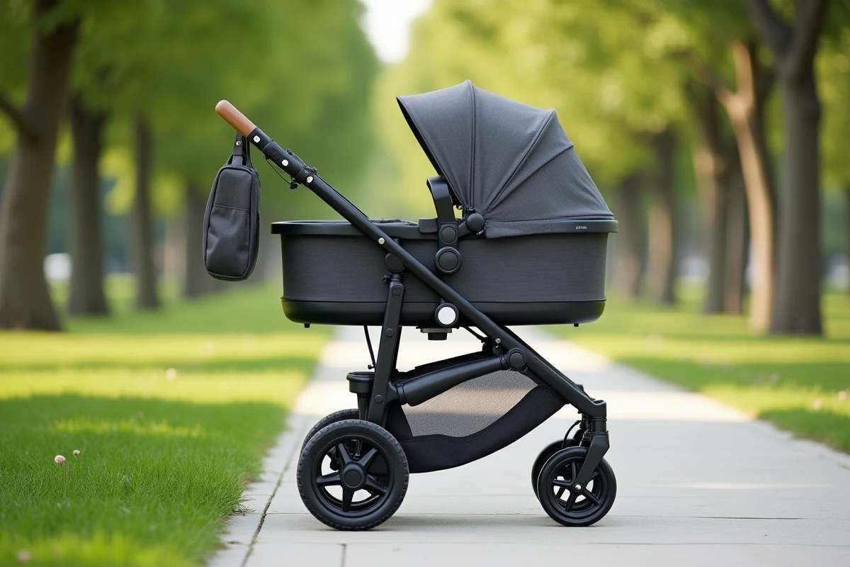 Poussette 4 en 1 tout-terrain en configuration nacelle dans un parc urbain