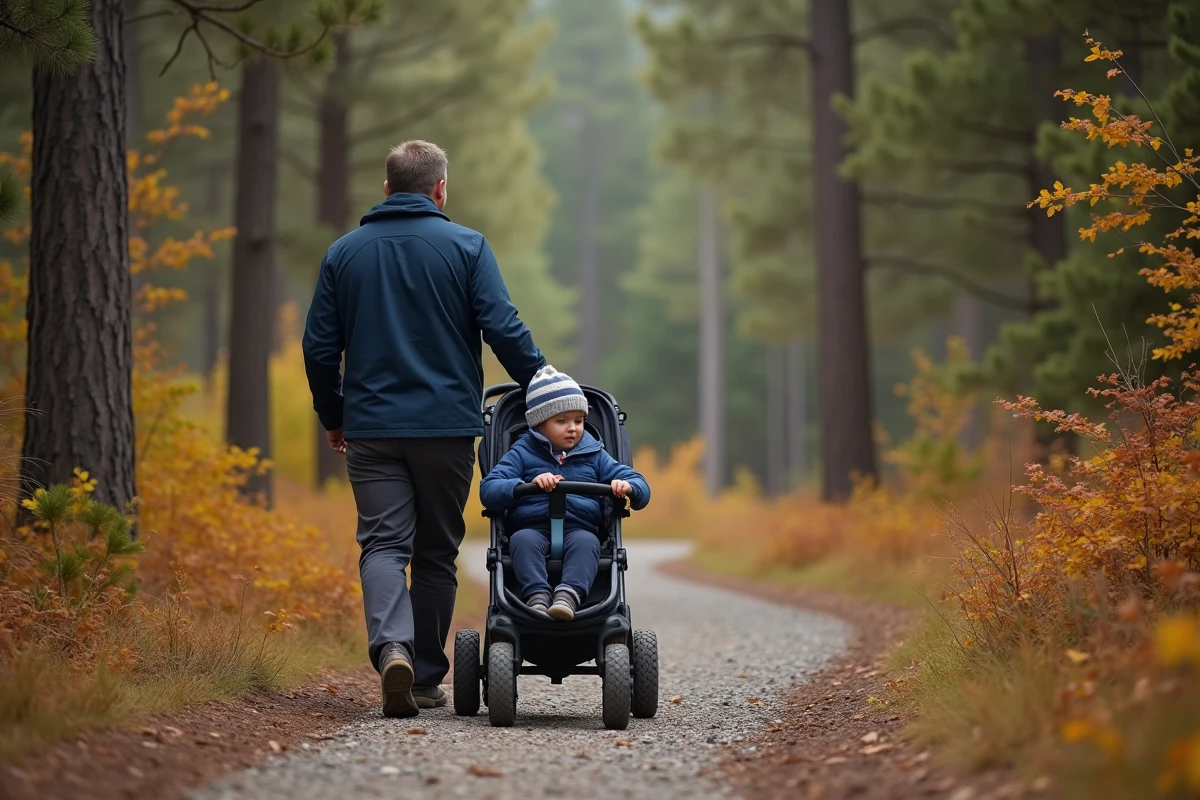 Papa et enfant en balade avec une poussette 4 en 1 tout-terrain en forêt