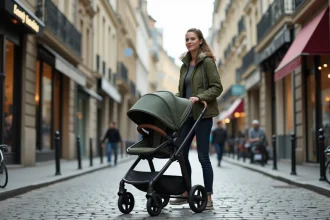 Mère poussant une poussette tout-terrain 4 en 1 sur des pavés en ville